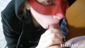 Redhead teen vampire cosplayer gets a surprise in her throat.