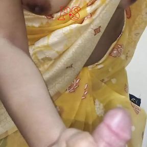 South Indian Desi Hot Bhabhi Yallow Saree Wearing Handjob with Cumshot Video