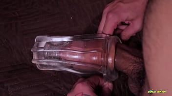 Big Hairy Cock Daddy Fucking a Transparent Fleshlight and Filling It with Cum