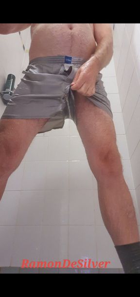 Master Ramon takes a shower and pisses in his sexy satin shorts