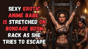 hot animated babe with bushy hairy armpits is tied to a device in the dungeon and stretched by two kinky fetishists in BDSM bondage