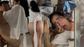 My stepsister gets stuck in the fridge and I already help her with my cock!