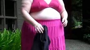 My fat wife shows her big boobs and meaty pussy for the cam outdoors