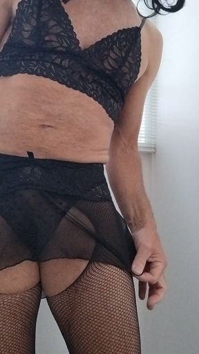 Tranny CD Teases in Black Lingerie