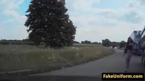 Tattooed brit babe fucks in cop trio outdoors