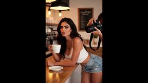 sexy model has sex with attractive young cameraman in cafeteria - ai-generated content
