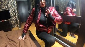 the nympho wife plays with her camel-toe jumpsuit and put some cum on her shinny red down-jacket 230