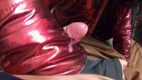 the nympho wife plays with her camel-toe jumpsuit and put some cum on her shinny red down-jacket 230