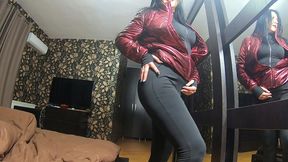 the nympho wife plays with her camel-toe jumpsuit and put some cum on her shinny red down-jacket 230