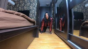 the nympho wife plays with her camel-toe jumpsuit and put some cum on her shinny red down-jacket 230