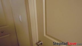 Small tits teen Violet Rain rides stepdads big cock cowgirl