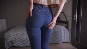Teasing Tight Blue Jeans Ass With Thongs Underneath