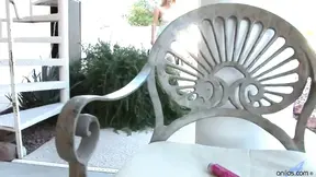 Pretty girl with big areola lands her pink pussy on a toy