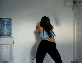 Sexy and bootylicious babe in yoga pants dancing on webcam