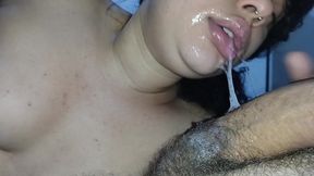 INTENSELY ROLLING HER BIG LIPS ON THE STALK OF HIS HARD COCK