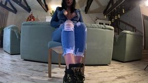 hardcore tease & double cum on my ripped jeans and open denim jacket