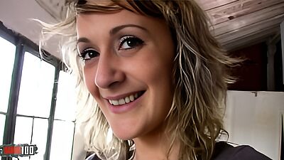 Skinny french blonde MILF fucked in the ass for money in the wharehouse