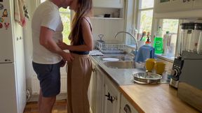 Husband Gets Horny Watching Hot MILF Wife Doing the Dishes, Takes Her From Behing and Gives His Load