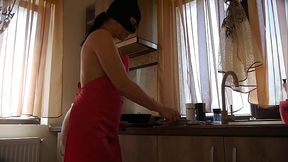 Cooking in Red Apron &amp_ Stockings &ndash_ Buttplug Surprise &amp_ Fetish Play