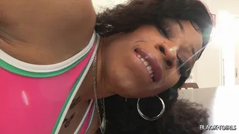 Cute ebony trans beauty teases cock then enjoys bareback anal on kitchen island