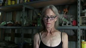 Lilly, the pole barn, her skinny granny arms and chest