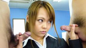 ”Japanese office babe swallows two loads of cum”