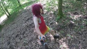 Trans girl undresses in the forest and masturbates to ejaculation.