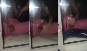 Pinoy twink strokes thick cock through tight slit pants gagging on cum