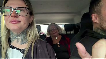 Busty granny gets a wet and wild ride in public