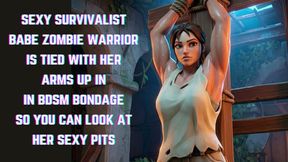 Sexy survival expert woman with huge rippling muscles covered in sweat is tied with her arms above her head for you to check out her sexy muscular armpits while she struggles