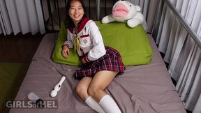 chained to bed asian college girl and her favourite toys