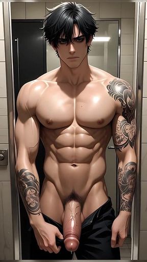 Tattooed Bad Boy Teasing Huge Erect Dick in Risky Bathroom Stall