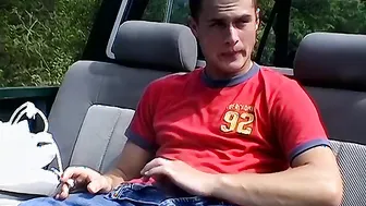Devon chainsmokes and jerks with two jocks in outdoor threesome