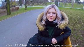 Public blowjob and cum swallow by cute amateur Eva Elfie