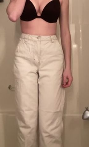 Teen girl desperately pisses her white jeans