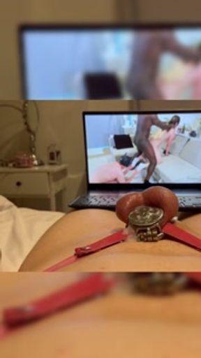 beta cuckold watching his girlfriend on the screen while she ruin his orgasm in chastity
