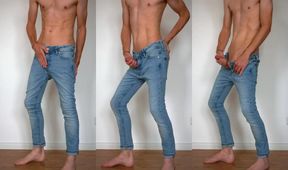 Muscular twink in skinny jeans busts thick cumshots raw solo