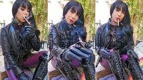 Chainsmoking outdoors wearing Leather and PVC jacket, gloves, trousers and boots! - Kinkerbell23