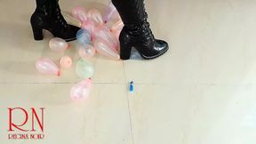 Small balloons pop with high heels boots.