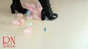 Small balloons pop with high heels boots.