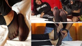 Warm, smelly and tired nylon feet after gym ready for rubs, massages and many sniffs! - MOV