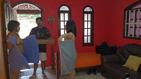 The delivery guy fucks us hard after we show him our breasts