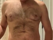 Jerking-off before my shower. I eat my cum. I had to be quiet since other's were in the house!