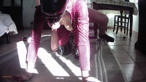 Big Ass Latina MILF in leather catsuit gets fucked rough and cums on tits