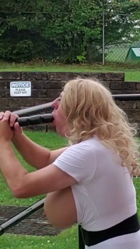 DeeDeeSlut69 in a Hot Pink Skirt and White Top out for Training with her toy.   Clip 2