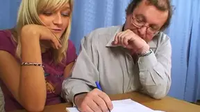 Tricky old teacher makes cute blonde college give a sloppy blowjob to