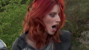 red-haired warrior puts down her weapons and armor for an outdoor anal fuck!