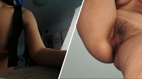 Sexy brunette  with moans. hairy pussy with moans.