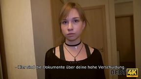 Debt. Teen debtor pays for debt with tender mouth and vagina