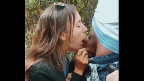 Teen Girl Sucks Cock in Public Park Outdoors and Cum Swallow , pulls hairy Balls , Blowjob POV